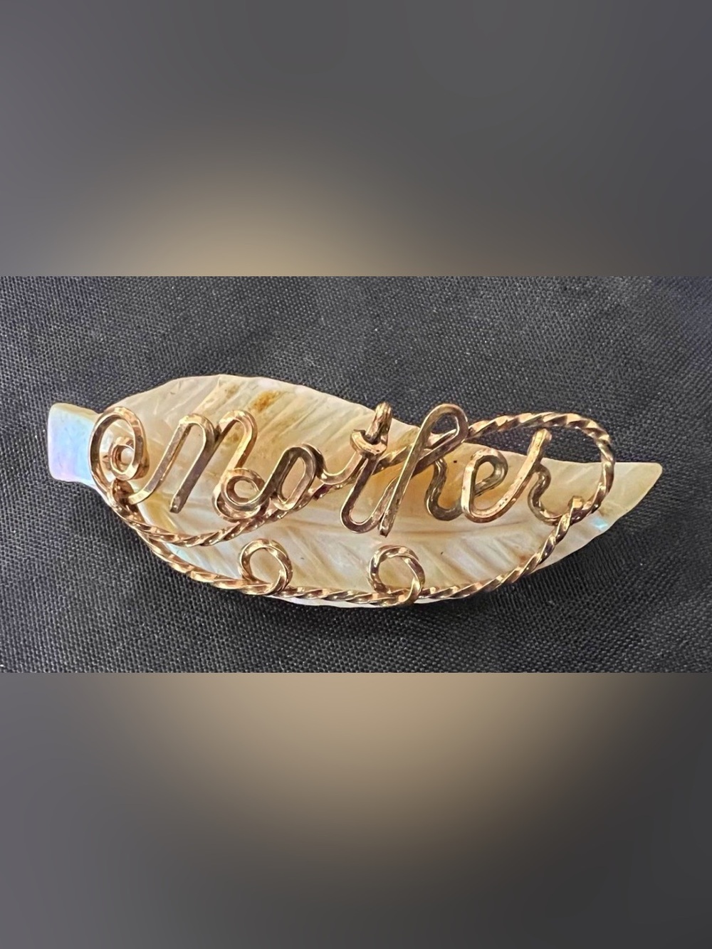 Vintage Gold Plated and White Shell Leave Brooch Pin . Engraved “Mother”